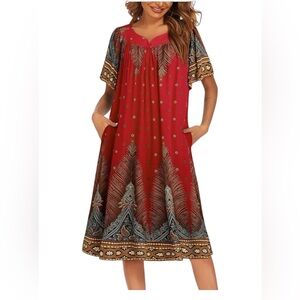 Ekouaer Women's 4XL short sleeve V-neck mumu house dress red Kaftan Bohemian
